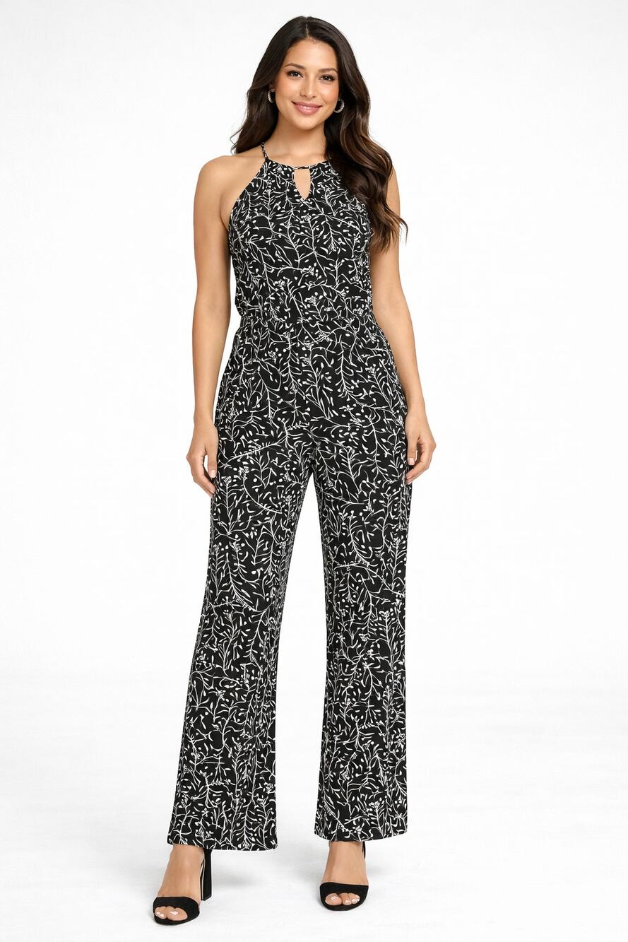 Goldray Womens Black Vine Lowrey Knit Jumpsuit Halter Neck Keyhole Size S NWT